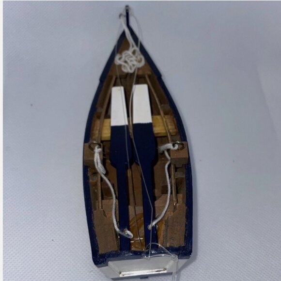 Vintage Boat Ornament  Wooden with Oars & Ropes Blue /White - Detailed - Picture 3 of 7